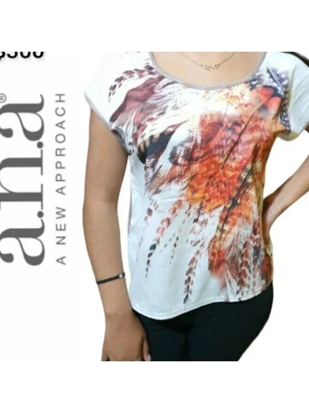 Ana A New Approach Abstract Feather Print Round Neck Cap Sleeves Blouse Medium
